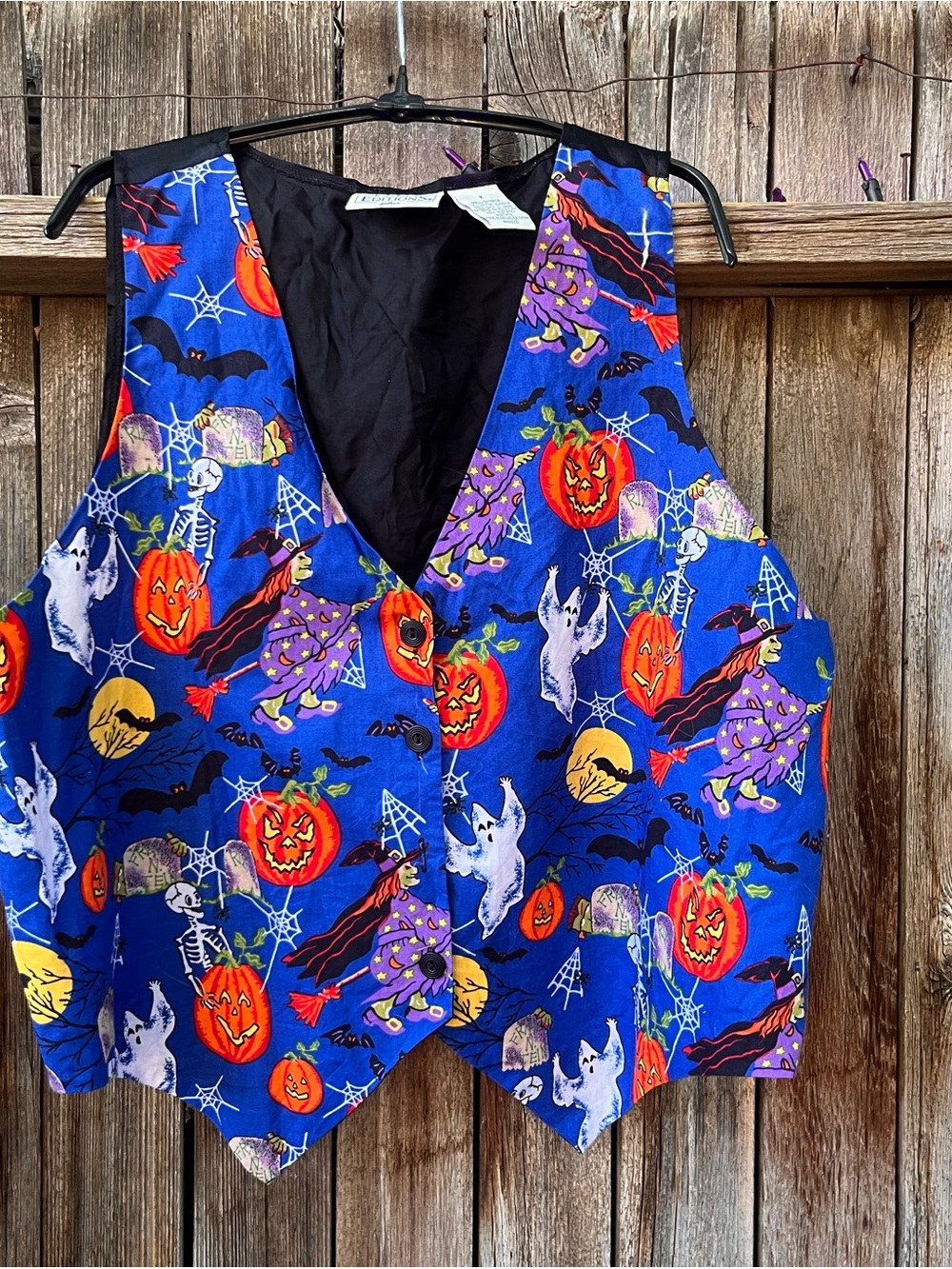 90s Vintage Halloween Witch Vest - Blue Pumpkin & Ghost Layering Top